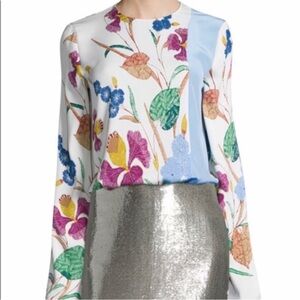 Diane‎ Von Furstenberg DVF Floral Colorblock Silk Blouse Long Flare Sleeves 4